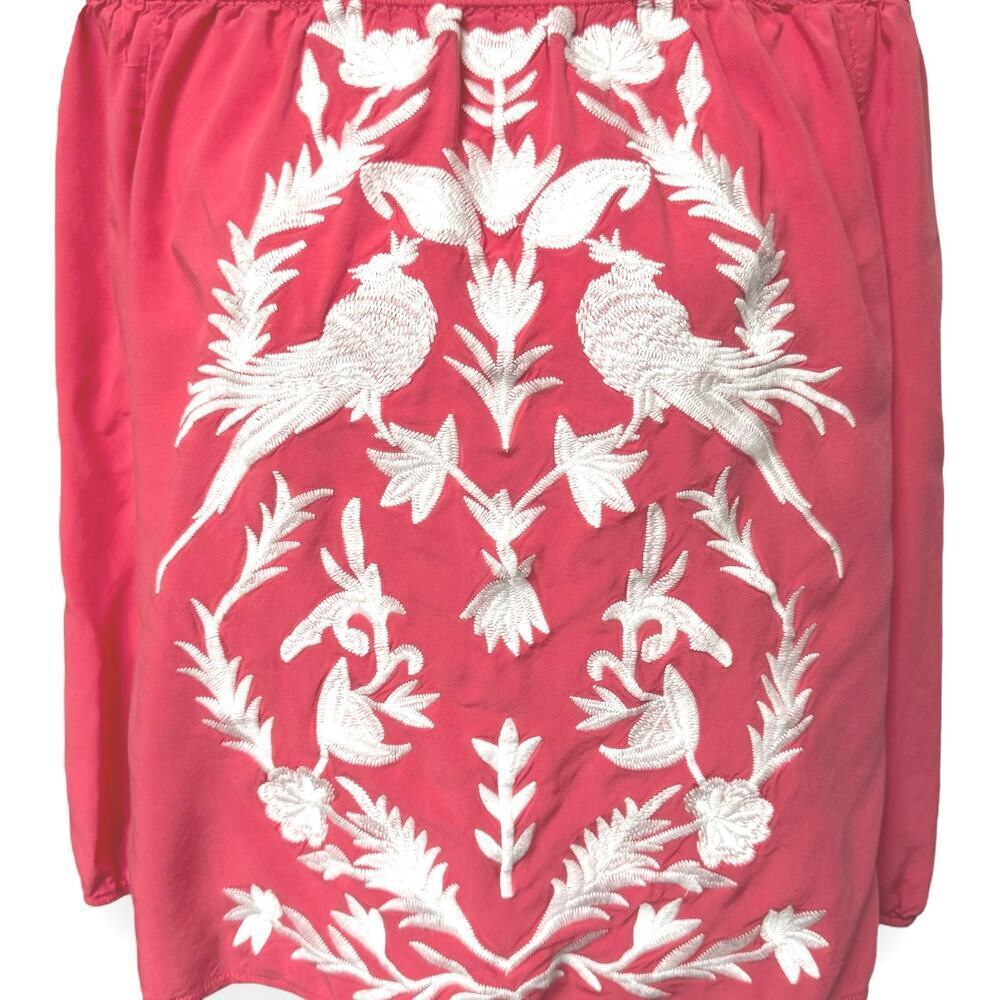 Solitaire Off-The-Shoulder Embroidered Peasant Top Coral White Women’s Medium - Picture 7 of 10